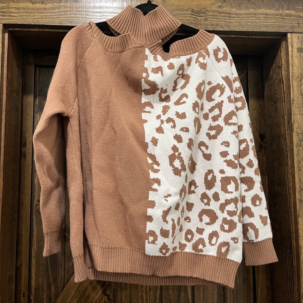 Camel cheetah off the shoulder sweater